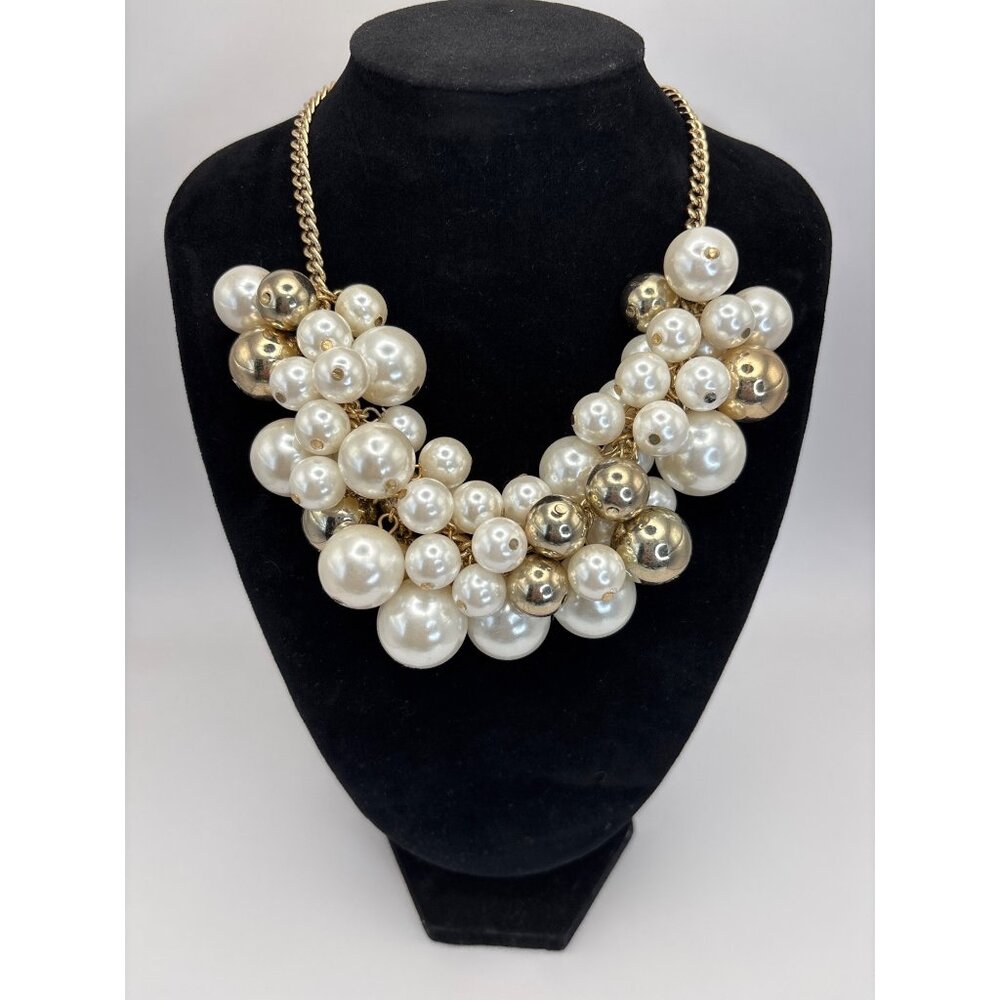 Express Gold Chain Faux Pearl Gold Beaded Cluster Statement Necklace 16" NEW